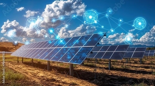 Modern solar panels harness energy under a bright sky, symbolizing clean technology and sustainable living, with digital connections. photo