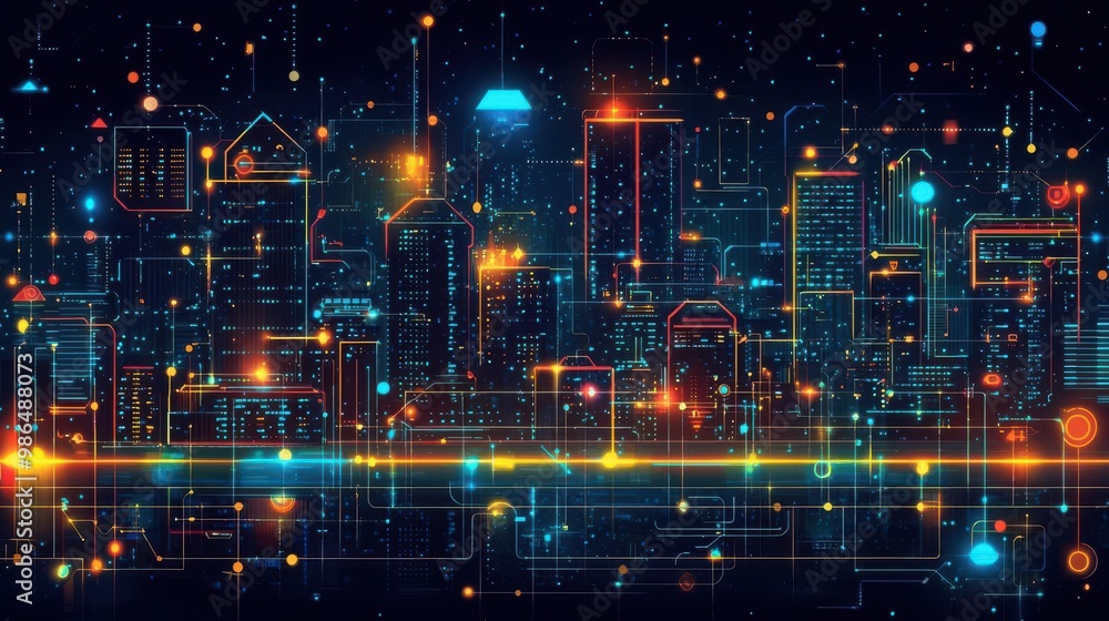 Obraz premium A vibrant digital cityscape depicting a futuristic skyline with glowing lights and interconnected patterns in a dark setting.