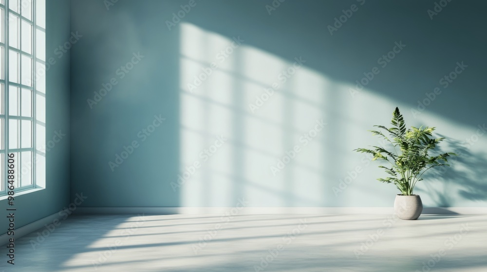 Obraz premium Bright turquoise room with sunlight casting shadows through large windows during the day