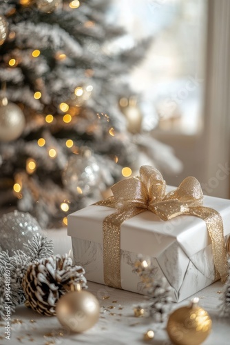 Decorative holiday gifts placed elegantly near a beautifully adorned Christmas tree photo