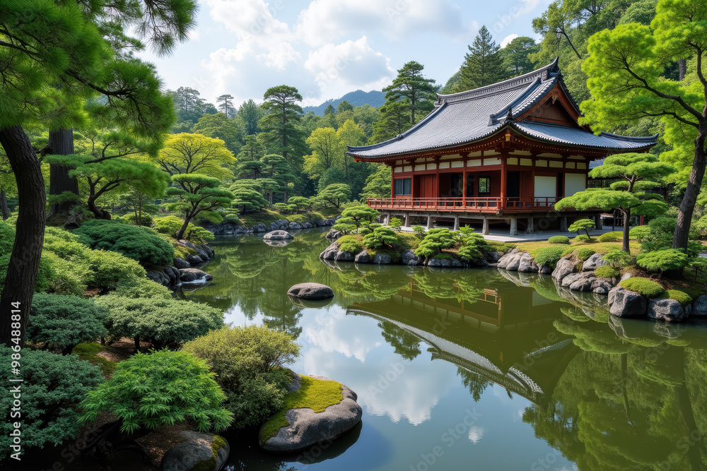 伝統的な建物のある日本庭園 伝統的な建物のある日本庭園