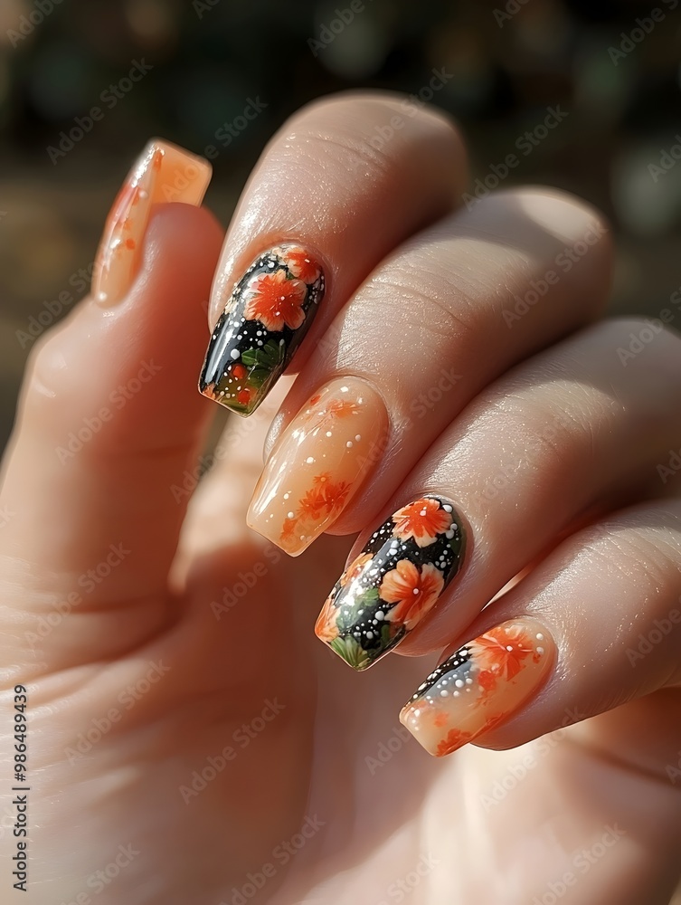 Close-up of a woman's hand with long, almond-shaped nails featuring an intricate floral design in shades of orange, black, and green. Close-up of a woman's hand with long, almond-shaped nails featuring an intricate floral design in shades of orange, black, and green.
