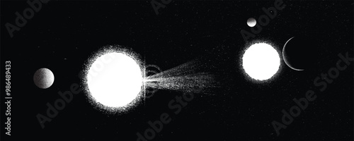 Star explosion . Solar  x flare . Big eruption of plasma with magnetic loops . Binary star system .Exploding sun in space. Solar flash of radiation on star surface . Depp space. Starry background.