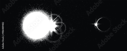 Star explosion . Solar  x flare . Big eruption of plasma with magnetic loops . Binary star system .Exploding sun in space. Solar flash of radiation on star surface . Depp space. Starry background.