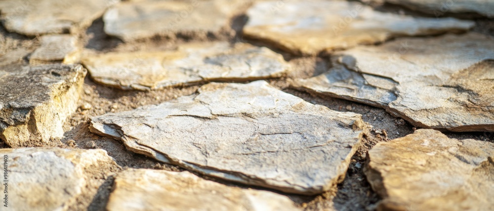 Close up view of textured stone flooring in a sunlit outdoor pathway during late afternoon Close up view of textured stone flooring in a sunlit outdoor pathway during late afternoon