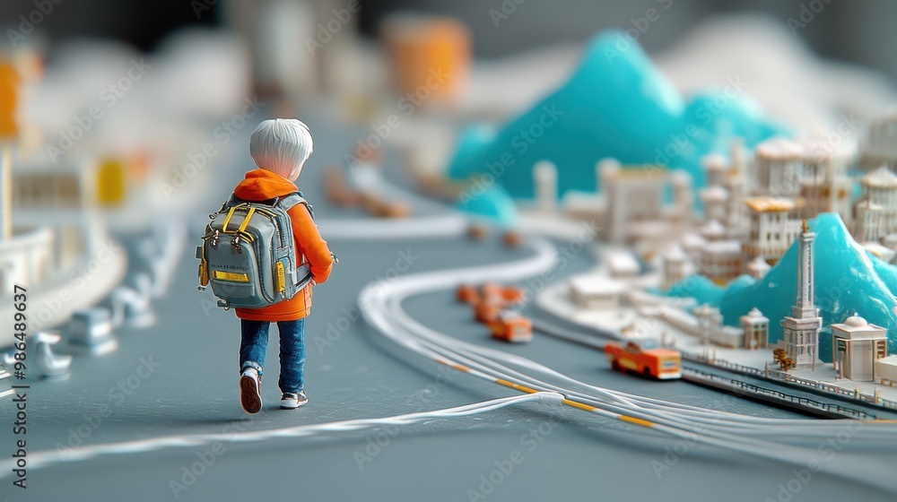 Fototapeta premium Young Boy Walking Towards Cityscape Miniature Model