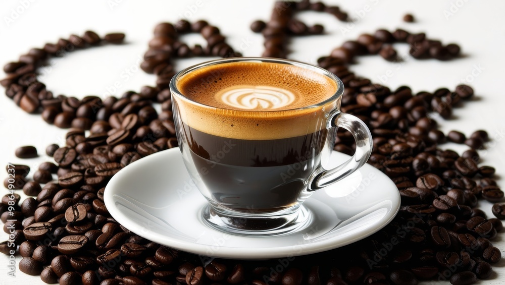 Coffee cup with latte art surrounded by beans Coffee cup with latte art surrounded by beans