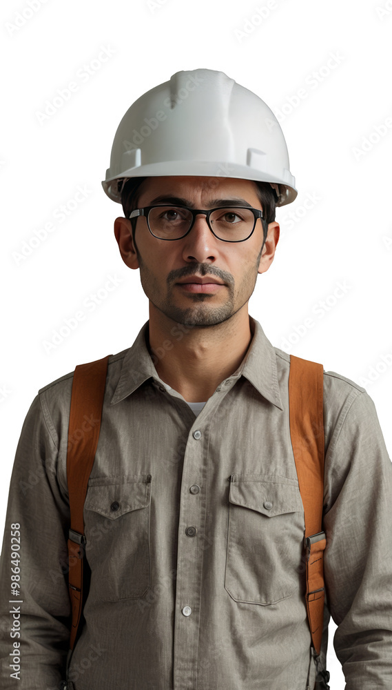 Serious construction worker in hard hat and glasses Serious construction worker in hard hat and glasses
