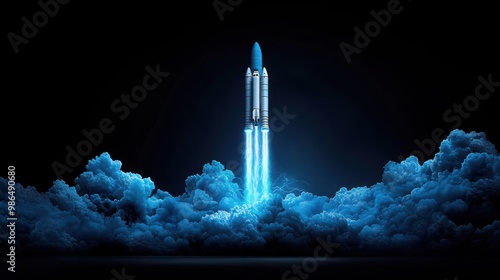 Fototapeta Naklejka Na Ścianę i Meble -  Rocket Launch Through Blue Clouds