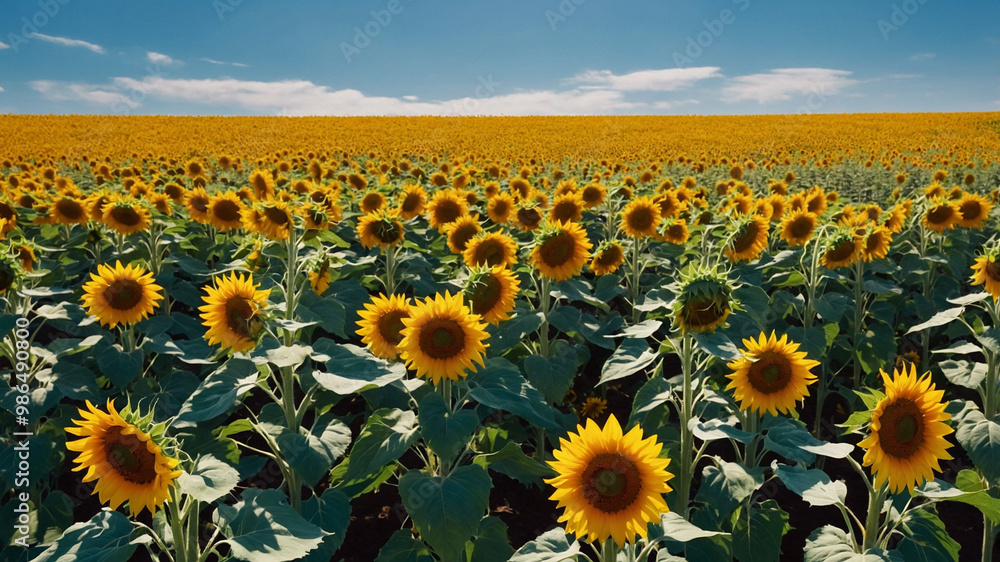 Fototapeta premium sunflower field in full bloom under a clear blue sky. endless rows of tall, vibrant sunflowers swaying gently in the breeze, with the sun shining brightly overhead.
