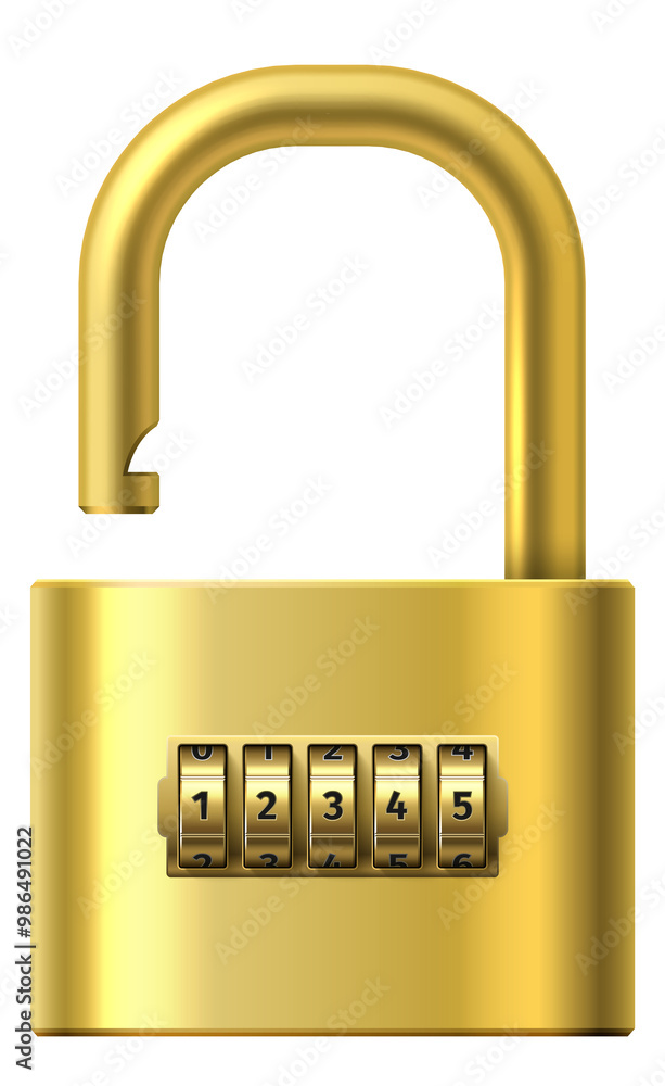 Password combination padlock. Realistic golden metal lock Password combination padlock. Realistic golden metal lock
