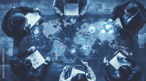Team meeting with global map concept
