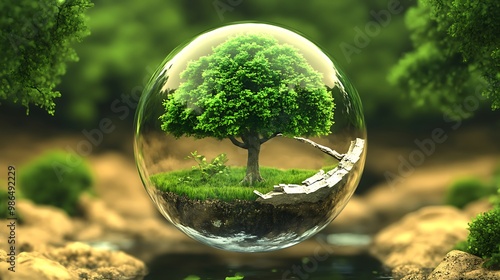 Tree in a Glass Bubble, Abstract Nature Concept, Sustainable Ecosystem