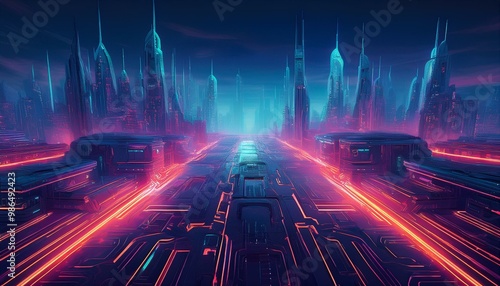 Abstract futuristic city landscape with neon lights and glowing circuits. Cyberpunk style background.