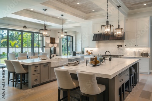 Spacious kitchen with double islands and modern pendant lights. photo