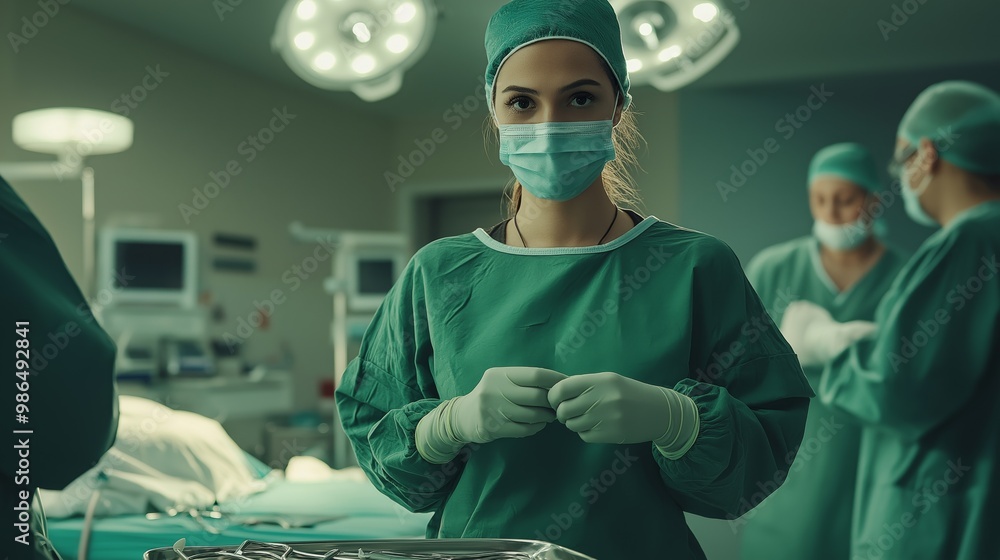 Female Surgeon Adjusting Surgical Gloves in Operating Room with Colleagues Undergoing Surgery Medical Professionals Diversity in Healthcare Female Surgeon Adjusting Surgical Gloves in Operating Room with Colleagues Undergoing Surgery Medical Professionals Diversity in Healthcare