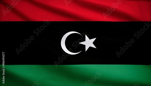 リビアの国旗(waving national flag of Libya.) 