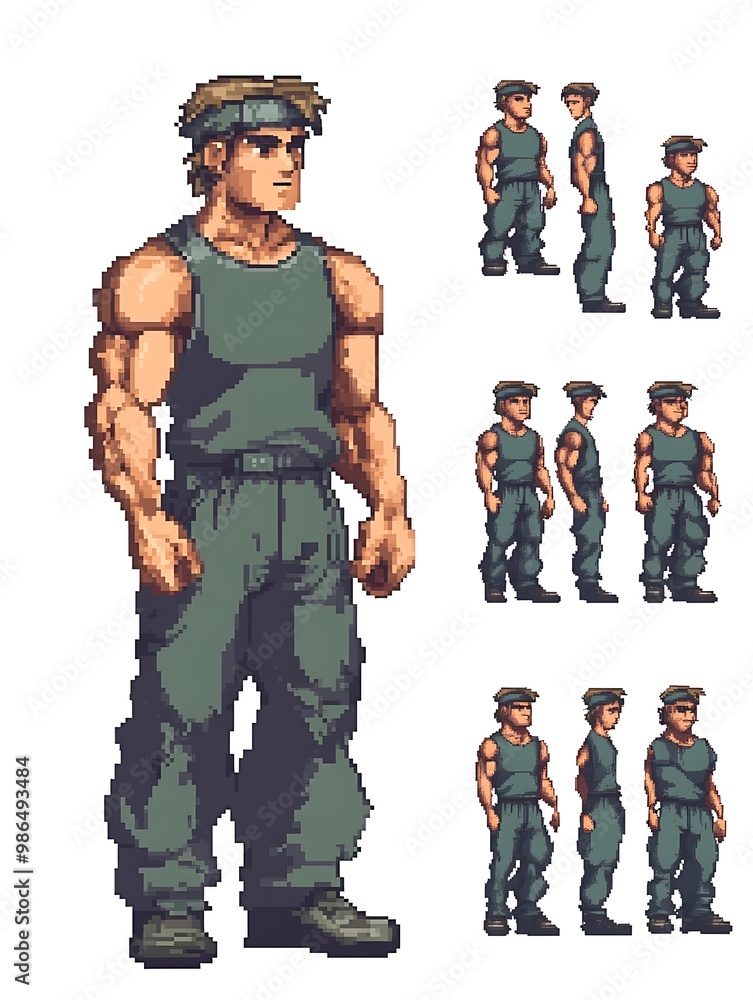 Fototapeta premium Pixel art sprite sheet of a military character in different poses