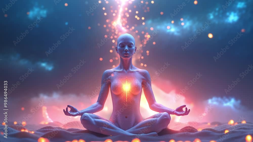Loop animation of a human figure meditating in clouds surrounded by sparkling particles Loop animation of a human figure meditating in clouds surrounded by sparkling particles