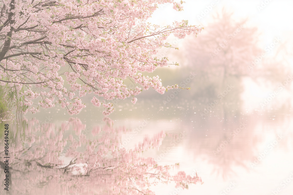 Cherry blossoms reflected in soft misty water Cherry blossoms reflected in soft misty water