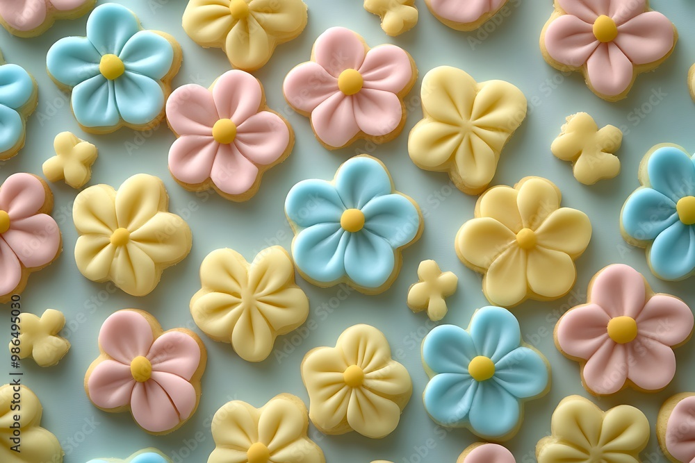 A Close-Up View of Pastel-Colored Flower-Shaped Sugar Cookies A Close-Up View of Pastel-Colored Flower-Shaped Sugar Cookies
