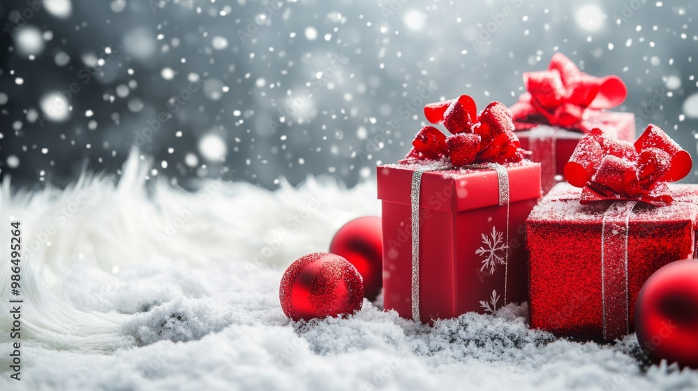 Festive red gift boxes with ribbons on snowy surface during a winter holiday celebration Festive red gift boxes with ribbons on snowy surface during a winter holiday celebration