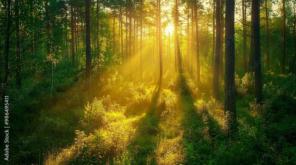 Naklejka premium Sunbeams filtering through a misty forest