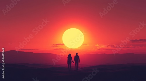  couple holding hands while watching a glowing sunset over the horizon, with soft