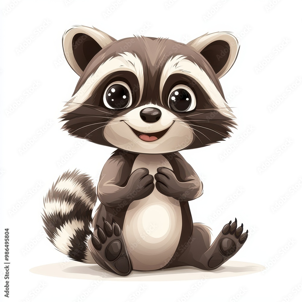 Obraz premium Cute cartoon raccoon sitting happily, showcasing big eyes and a playful pose. Perfect for children's content and illustrations, white background