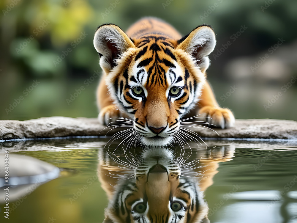 A young tiger crouches beside a tranquil pond, its reflection visible in the still water, surrounded by lush greenery A young tiger crouches beside a tranquil pond, its reflection visible in the still water, surrounded by lush greenery
