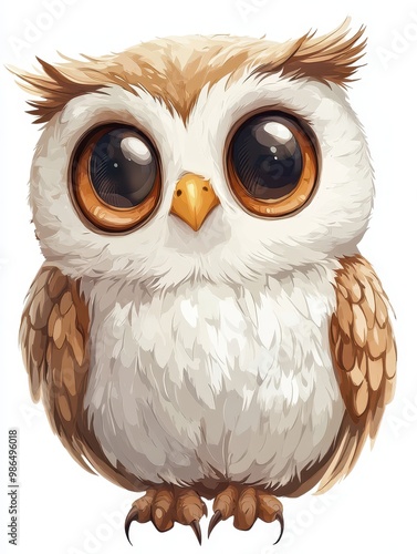 A cute cartoon owl with big eyes and fluffy feathers, ideal for children's illustrations and playful designs, white background