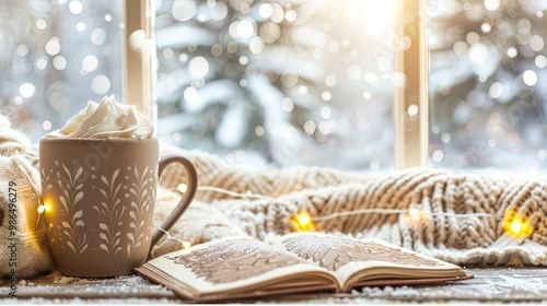 A cozy winter scene with hot cocoa, blankets