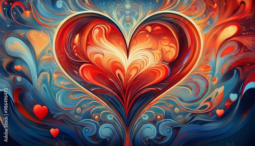 Abstract heart art with red, orange, and blue colors.