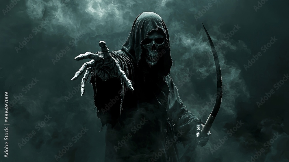 Grim reaper reaching towards the camera over dark misty background with copy space Grim reaper reaching towards the camera over dark misty background with copy space