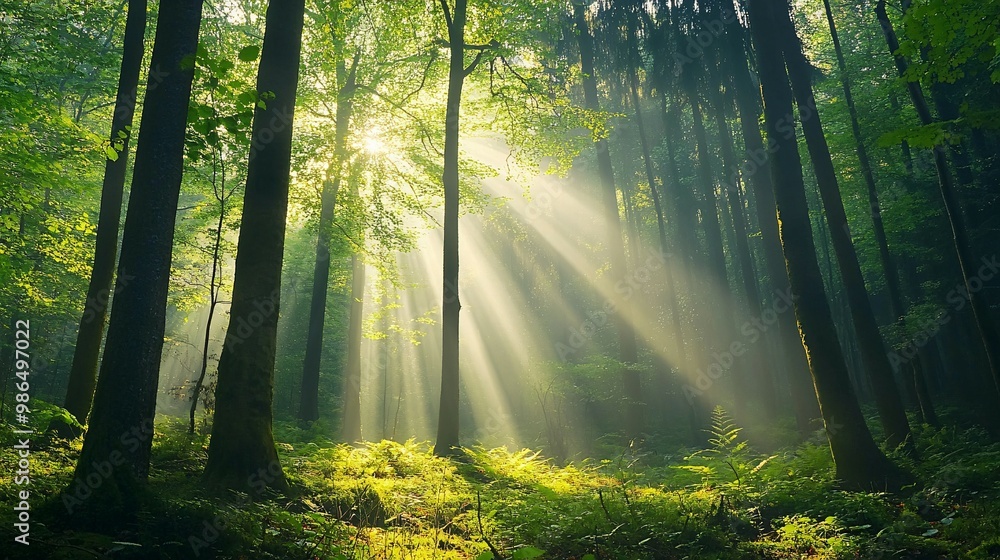 Obraz premium Sunbeams Illuminating a Misty Forest Path