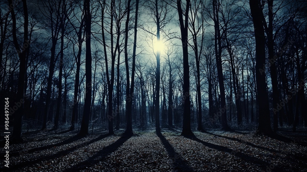 Obraz premium Dark night forest against full moon