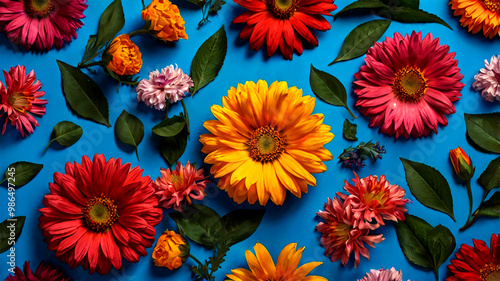 Wallpaper Mural Free photo Flowers blossom floral bouquet decoration . A colorful picture of flowers and leaves with a blue background.  Torontodigital.ca