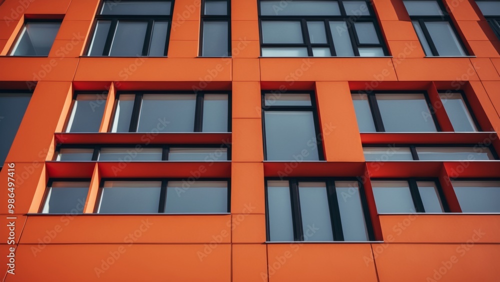 A modern building facade with a vibrant orange exterior and symmetric windows A modern building facade with a vibrant orange exterior and symmetric windows