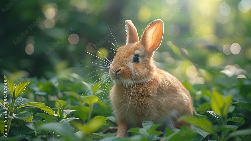 Fototapeta premium Cute rabbit walking through lush greenery