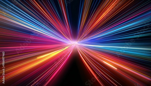 Abstract light trails in vibrant colors, creating a dynamic and energetic visual. A mesmerizing display of light streaks converging towards the center.