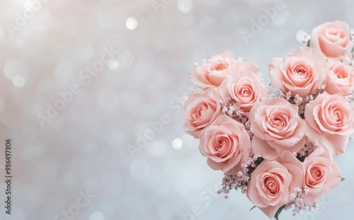 A heart-shaped arrangement of pink roses surrounded by shimmering background at a romantic event