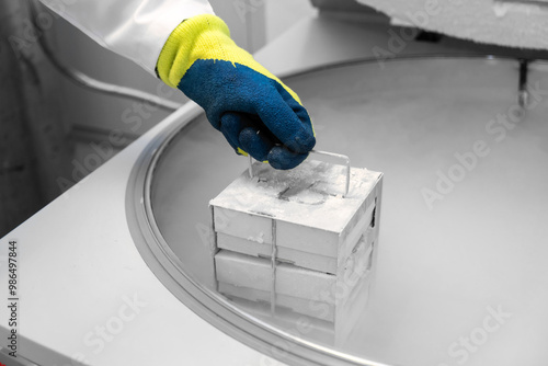 Container with liquid nitrogen, injecting quality into biobanks, molecular genetic, dna banks, cord blood stem cell, embryonal cells in liquid nitrogen. bio storage.