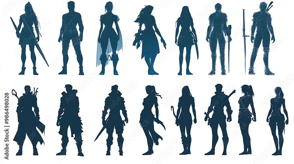 Silhouettes of fantasy characters, warriors, knights, mages, and assassins, ideal for game design, avatar concept, or book illustrations Silhouettes of fantasy characters, warriors, knights, mages, and assassins, ideal for game design, avatar concept, or book illustrations