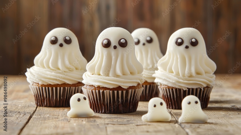 Homamade chocolate muffins for halloween in the form of a ghost. Homamade chocolate muffins for halloween in the form of a ghost.