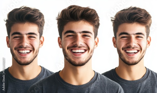 Smiling Young Man in Three Poses Portrait Happy Close Up White Background