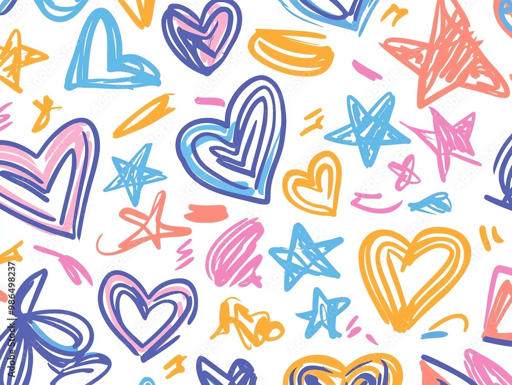 Colorful hand-drawn hearts, stars, and doodles on white background creating a fun and playful pattern. Colorful hand-drawn hearts, stars, and doodles on white background creating a fun and playful pattern.