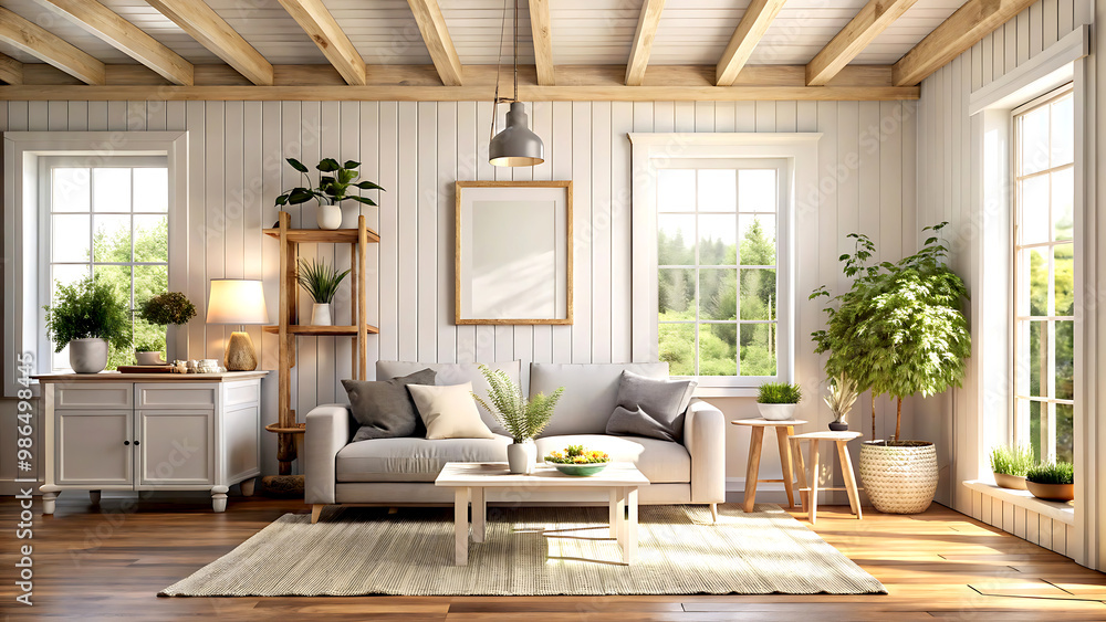 Home interior background, cozy room in farmhouse style, 3d render, white Mock up frame Home interior background, cozy room in farmhouse style, 3d render, white Mock up frame