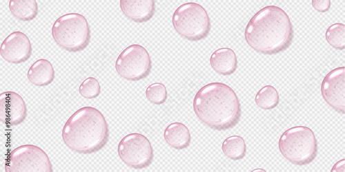 Pink serum drops, transparent gel droplets, realistic glossy liquid, moisturizing cosmetic product, hyaluronic acid concept. Vector illustration.