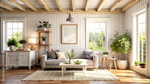 Home interior background, cozy room in farmhouse style, 3d render, white Mock up frame