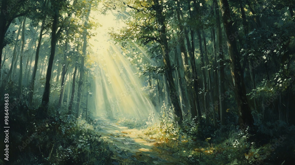 Fototapeta premium Sunbeams Illuminating a Path Through a Dense Forest